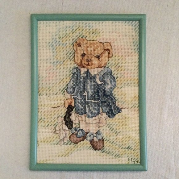 Janlynn BEAR - BLUE BOY SUIT Cross Stitch finished framed small home decor - Picture 1 of 5